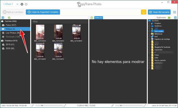 seleccionar categoria de videos copytrans photo