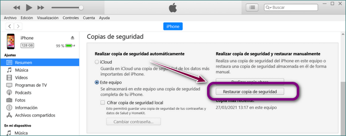 Restaurar copia seguridad iTunes