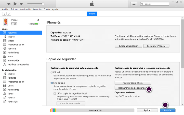 Restaurar Copia iTunes iPhone