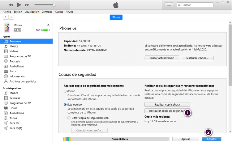 Restaurar Copia de Seguridad iTunes