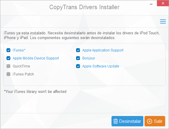 Desinstalar iTunes con CopyTrans Drivers Installer
